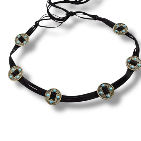 Round Medallion Braided Tassel Belt boho western adjustable black silver turquoise aztec fringe belt