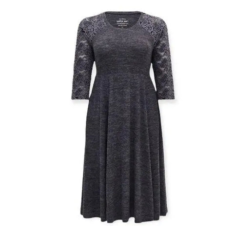 Plush Floral Lace Sleeve Front Pockets Comfy Gray Dress Plus Size 2X - Wild Time Fashion