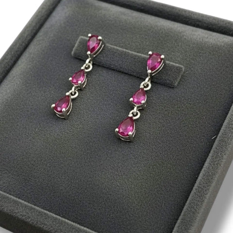 Ruby silver three-gemstone dangle post earrings – pear-shaped rubies in platinum-plated sterling silver