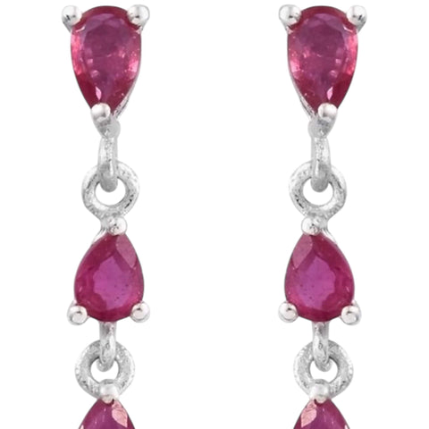 Ruby silver three-gemstone dangle post earrings – pear-shaped rubies in platinum-plated sterling silver