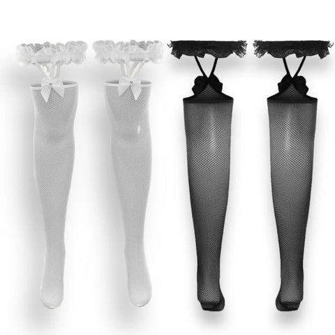 White or Black Over the Knee Suspender Ruffle Garter Rhinestone Bow Fishnets