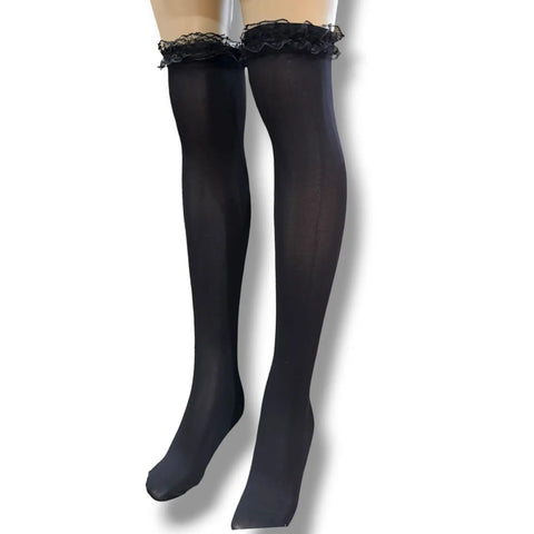 Black Opaque Thigh-High Stockings with ruffled lace tops and smooth full-coverage black finish