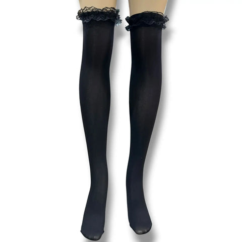Black Opaque Thigh-High Stockings with ruffled lace tops and smooth full-coverage black finish
