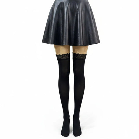 Black Opaque Thigh-High Stockings with ruffled lace tops and smooth full-coverage black finish