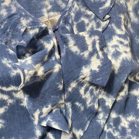 Blue and white tie dye plus size cotton blouse with ruffle v neckline and button closure in boho beachy style