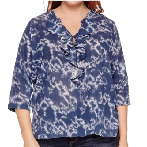 Blue and white tie dye plus size cotton blouse with ruffle v neckline and button closure in boho beachy style

