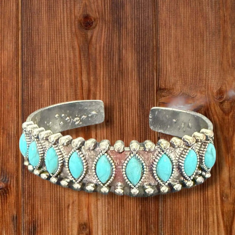 Rustic Silver Western Stone Cuff bracelet with antique etched metal and nine marquise faux stone inlays blue, green, white, or red 