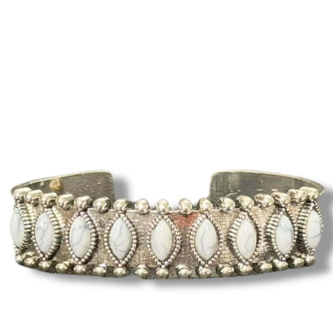Rustic Silver Western Stone Cuff bracelet with antique etched metal and nine marquise faux stone inlays blue, green, white, or red 