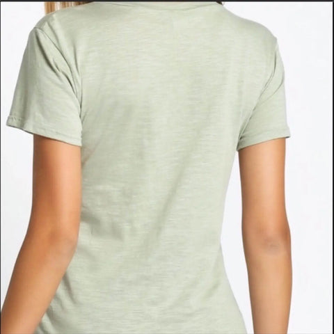Sage green lace-up short sleeve top with corset panel detail and silver grommets breathable cotton modal fabric