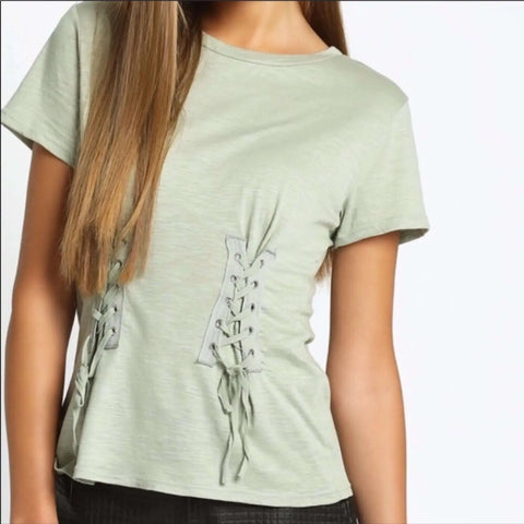 Sage green lace-up short sleeve top with corset panel detail and silver grommets breathable cotton modal fabric