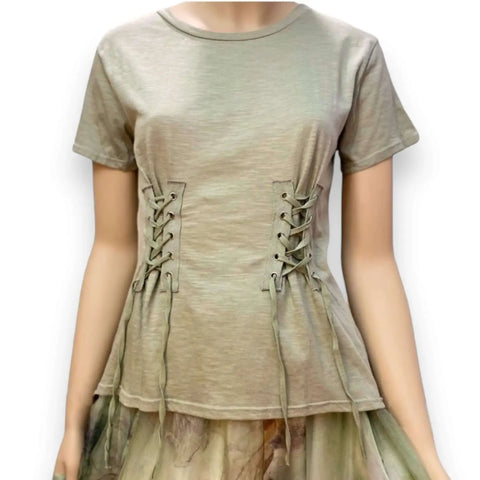 Sage green lace-up short sleeve top with corset panel detail and silver grommets breathable cotton modal fabric