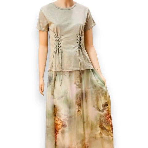 Sage green lace-up short sleeve top with corset panel detail and silver grommets breathable cotton modal fabric