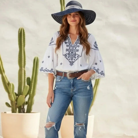 Navy blue wide brim straw sun hat with tribal hat band for summer sun sun protection