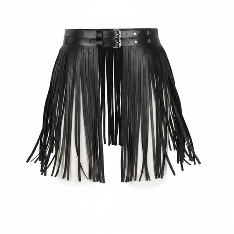 Black faux leather skirt fringe belt with dual buckles, studded accents, and long tassel fringe