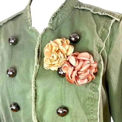 Satin floral brooch hair clips with handmade dahlia-style layered petals and silver pin-back, multipurpose hair accessory or lapel pin in black blue gray navy or peach featured on front of jacket