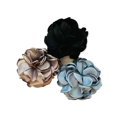 Satin floral brooch hair clips with handmade dahlia-style layered petals and silver pin-back, multipurpose hair accessory or lapel pin in black blue gray navy or peach