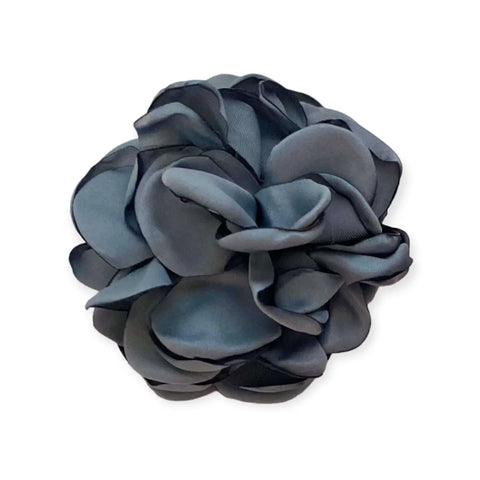 Satin floral brooch hair clips with handmade dahlia-style layered petals and silver pin-back, multipurpose hair accessory or lapel pin in black blue gray navy or peach