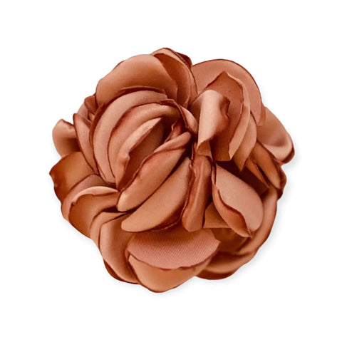 Satin floral brooch hair clips with handmade dahlia-style layered petals and silver pin-back, multipurpose hair accessory or lapel pin in black blue gray navy or peach