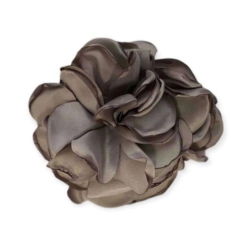Satin floral brooch hair clips with handmade dahlia-style layered petals and silver pin-back, multipurpose hair accessory or lapel pin in black blue gray navy or peach