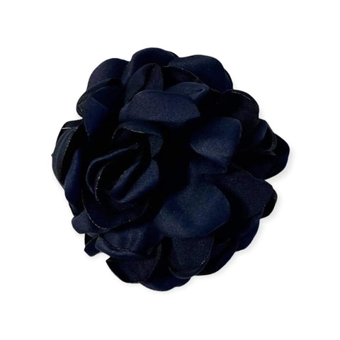 Satin floral brooch hair clips with handmade dahlia-style layered petals and silver pin-back, multipurpose hair accessory or lapel pin in black blue gray navy or peach