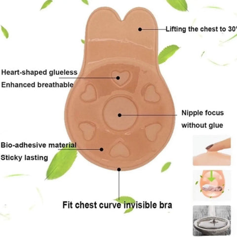 Information on how the cups apply Self adhesive seamless bra cups in nude or black with reusable strapless backless coverage