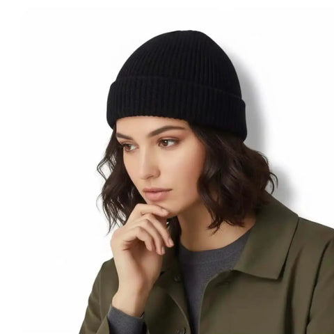 Black Short fisherman beanie skull cap with chunky rib knit, rolled cuff and cropped above-the-ear fit /one size