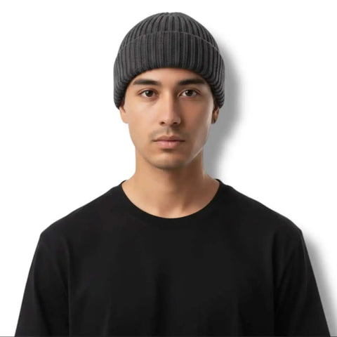 Dark Gray Short fisherman beanie skull cap with chunky rib knit, rolled cuff and cropped above-the-ear fit /one size