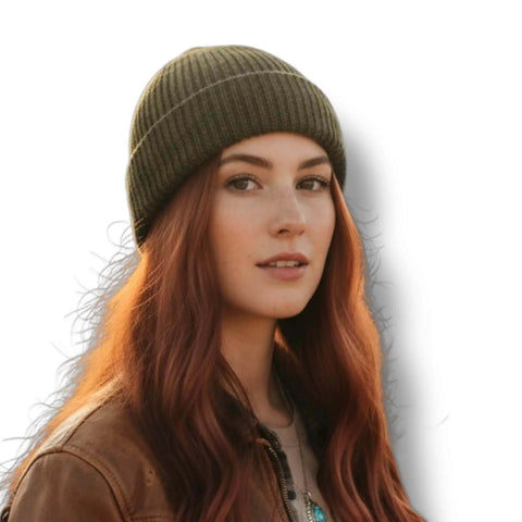 model wearing dark green Short Fisherman Beanie Skull Cap solid colors chunky rib knit, rolled cuff, short fit, and unisex skull cap style 