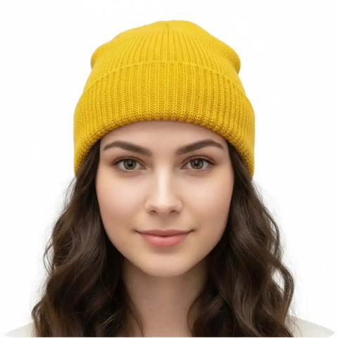 yellow Short fisherman beanie skull cap with chunky rib knit, rolled cuff and cropped above-the-ear fit /one size
