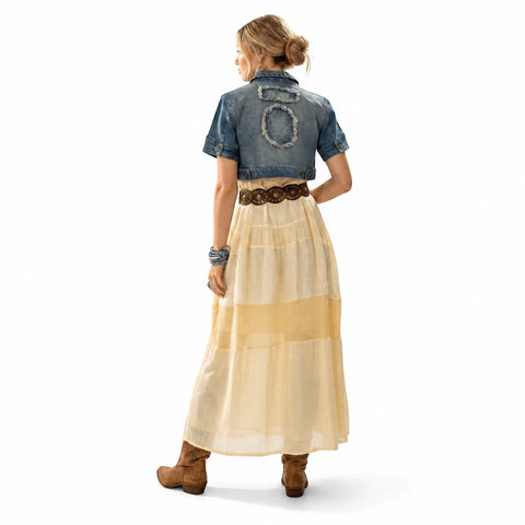 Short Sleeve Cropped Jean Jacket - XL / Slim / blue/brown - Cropped Jackets