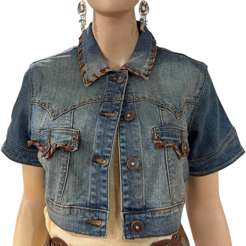 Short Sleeve Cropped Jean Jacket - XL / Slim / blue/brown - Cropped Jackets