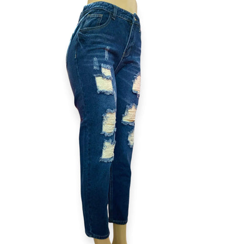 Women's cropped distressed jeans with frayed front detail and tapered fit