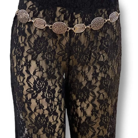 Silver abstract metal link western belt with antique textured oval links and adjustable lobster clasp extender, wearable high waist or low hip, fits 22 to 40 inches