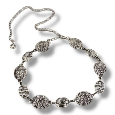 Silver abstract metal link western belt with antique textured oval links and adjustable lobster clasp extender, wearable high waist or low hip, fits 22 to 40 inches