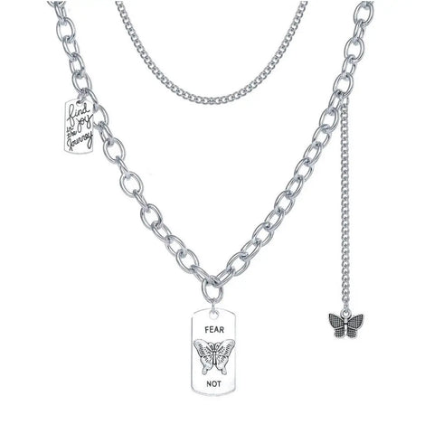 Silver butterfly charming layered necklace with mixed round and curb chains and “Find Joy in the Journey” quote tag, 18 inch length plus 2 inch extension