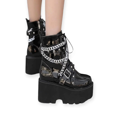 Silver Chain Studded Black Patent Platform Boots lace-up front, and inner shaft zipper; women’s size 9