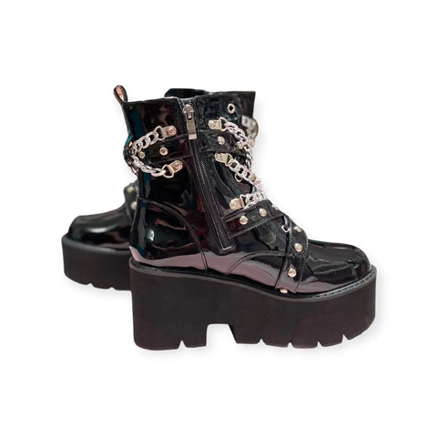 Silver Chain Studded Black Patent Platform Boots lace-up front, and inner shaft zipper; women’s size 9