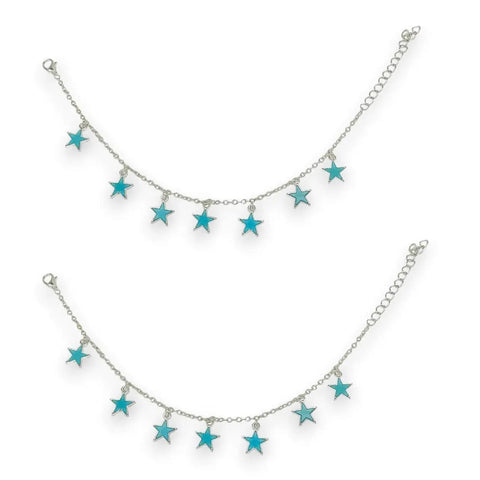 Silver glow stars anklets set featuring dangling celestial charms, glowing blue stars, adjustable silver chain anklets for festival, rave, and beach outfits