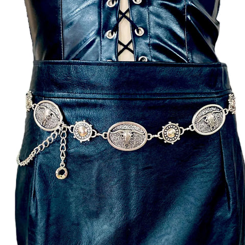 Antique silver cow skull belt with textured coin links for boho and western attire