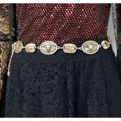Western cow skull coin link belt with engraved oval links, perfect for festival fashion