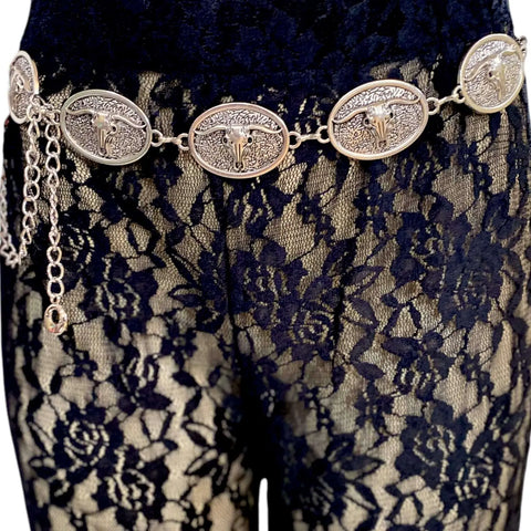 Cow skull oval medallion western chain belt in antique silver with adjustable fit