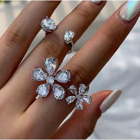 Silver Crystal Flowers Open Band Ring