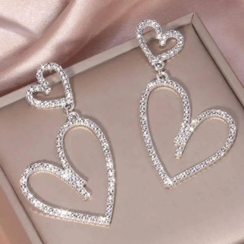 Silver Cut Out Hearts Sparkling Long Earrings