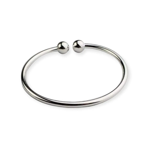 silver stainless steel open cuff bracelet with double beaded ends, adjustable minimalist bangle, women’s one size