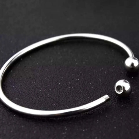 silver stainless steel open cuff bracelet with double beaded ends, adjustable minimalist bangle, women’s one size