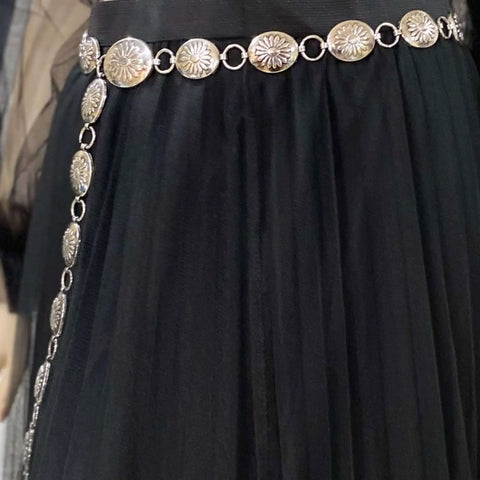 Silver Floral Medallions Fashion Belt with round or oval concho links and adjustable draped chain styling