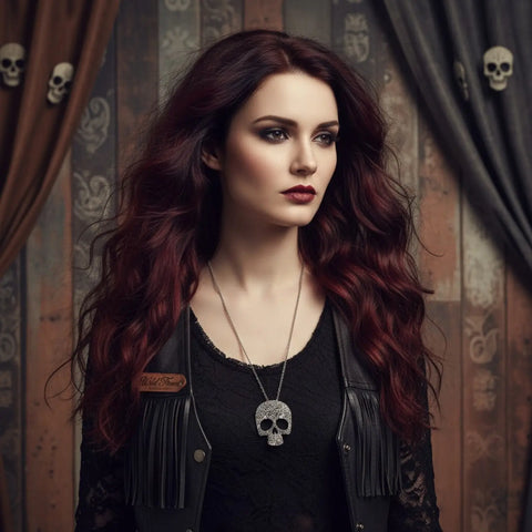 Silver floral skull pendant necklace with antiqued engraving, cut-out eyes and long twisted chain