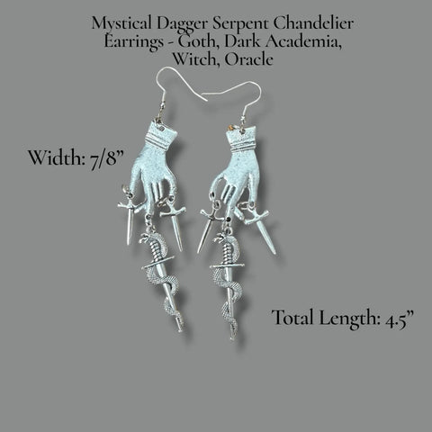 Silver Hand Dagger Dangle Earrings with celestial hand, serpent sword, and gothic chandelier detail