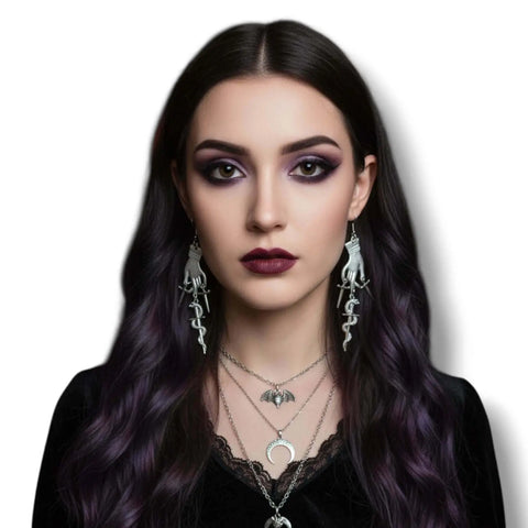 Silver Hand Dagger Dangle Earrings with celestial hand, serpent sword, and gothic chandelier detail