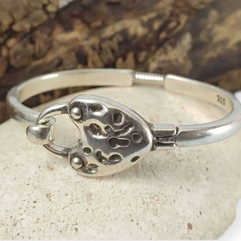 Silver Heart Hammered Bangle Bracelet  hammered heart centerpiece and spring tension closure